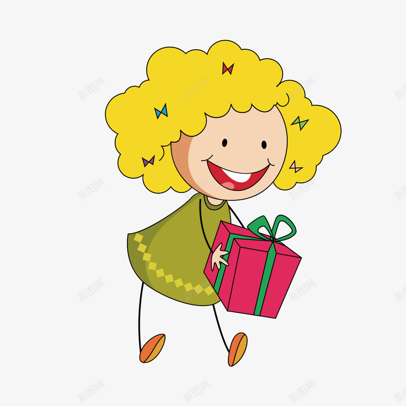 拿到礼物很开心的女孩png免抠素材_新图网 https://ixintu.com 卡通人物 卷发 大笑 收礼物 蝴蝶结 裙子