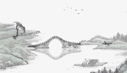 拱桥背景江南水乡水墨画高清图片