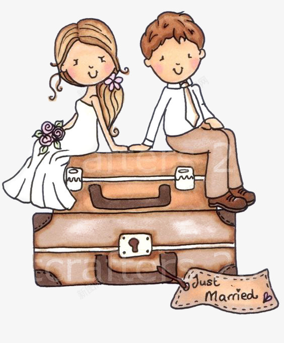 新婚夫妻png免抠素材_新图网 https://ixintu.com 卡通 婚纱照 手绘 插画 旅行 涂鸦 行李箱