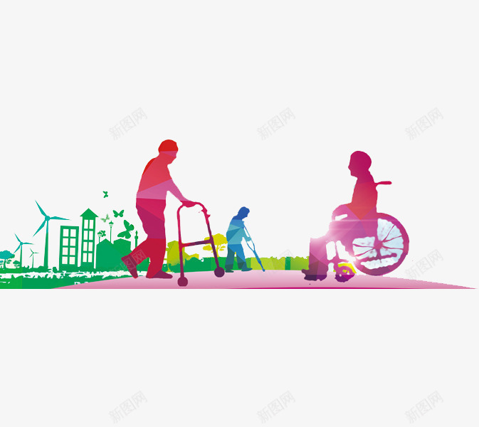老年人的生活png免抠素材_新图网 https://ixintu.com 彩色 房子 绿色 轮椅