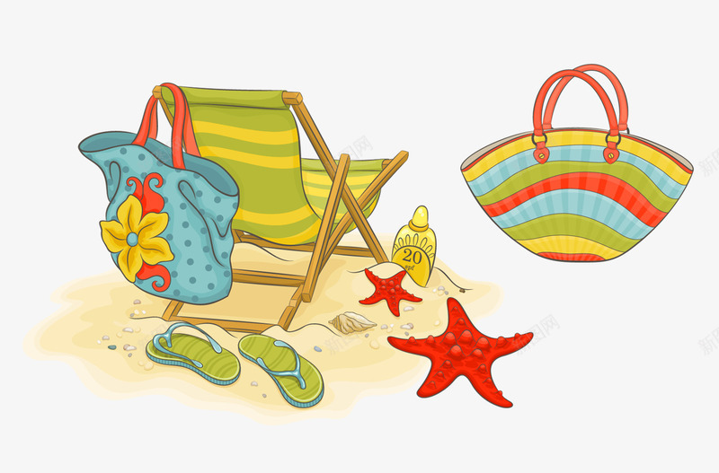 卡通沙滩png免抠素材_新图网 https://ixintu.com 卡通 手拎包 沙堆 沙滩 沙滩鞋 海星 炎炎夏日 躺椅