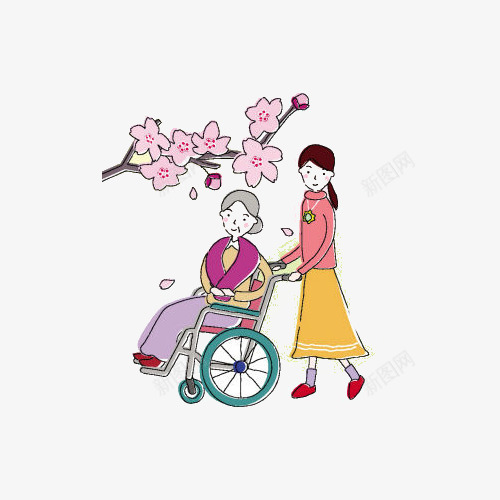 照顾老人png免抠素材_新图网 https://ixintu.com 卡通 坐轮椅的老人 女孩 年迈的老人 手绘 桃花 看护 轮椅
