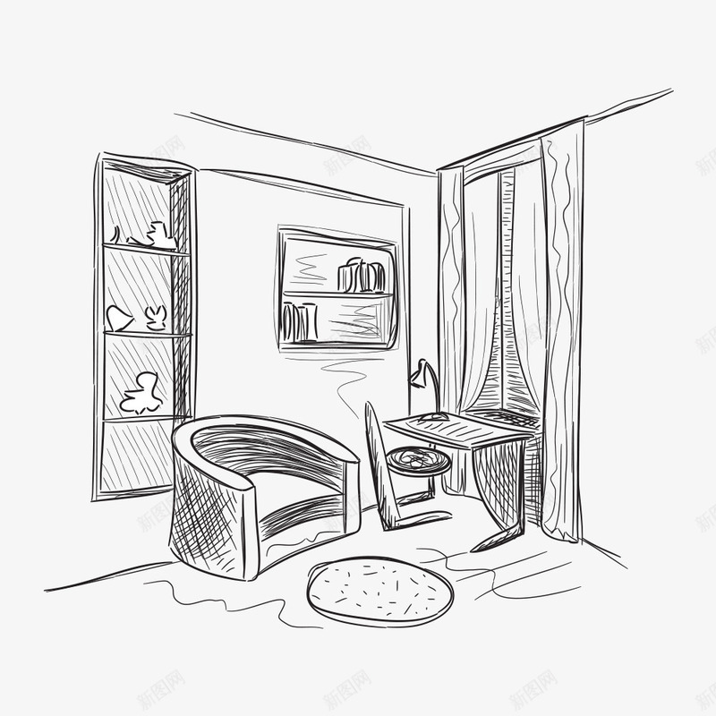 书房素描png免抠素材_新图网 https://ixintu.com 家装 沙发 素描图