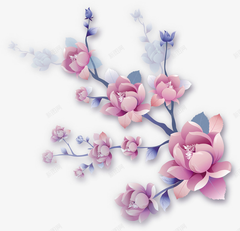 粉色手绘盛开花朵树枝png免抠素材_新图网 https://ixintu.com 手绘树枝 树枝横 盛开 粉色 花朵