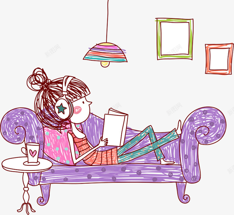 沙发上看书的女孩png免抠素材_新图网 https://ixintu.com 听歌 听歌的人 女孩 沙发上 看书