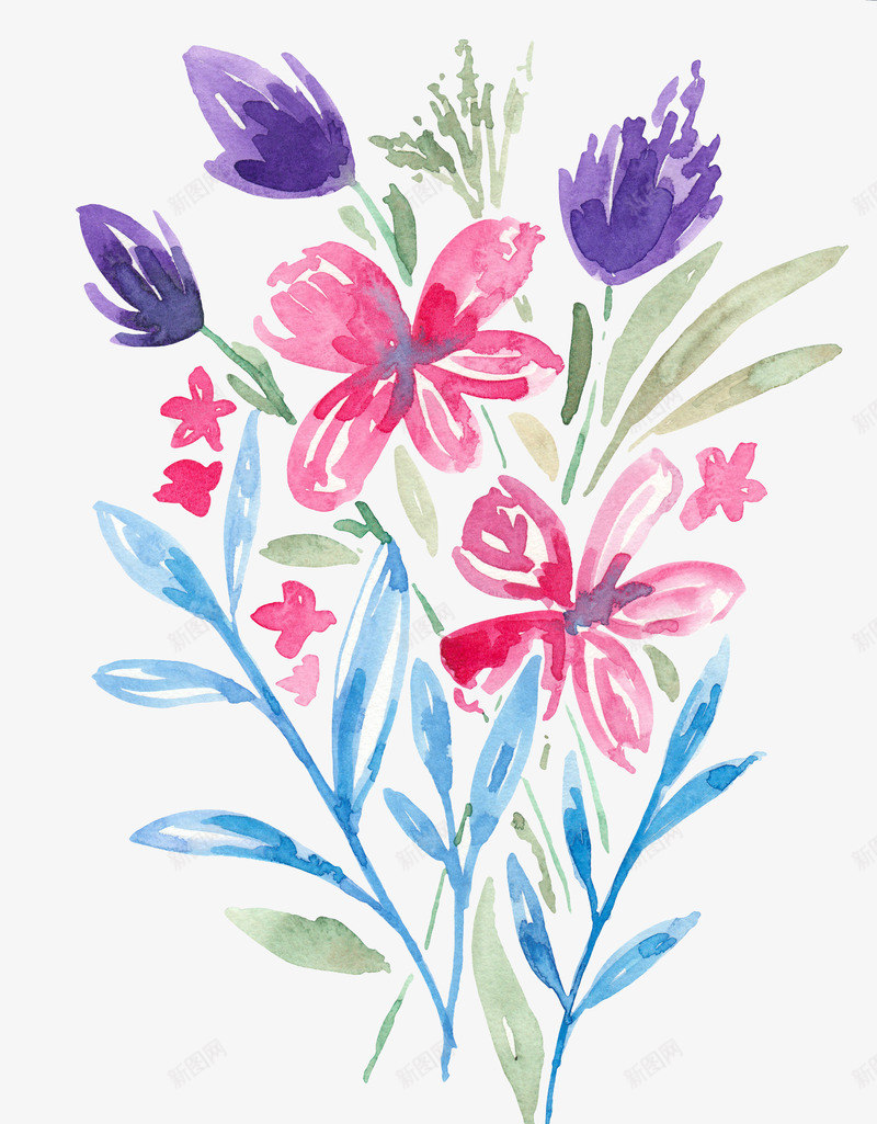 花朵绘画png免抠素材_新图网 https://ixintu.com 卡通 叶子 手绘 桔梗 粉色 紫色 花朵 蓝色 装饰