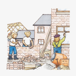 手绘插图建筑工人方砖盖房子素材