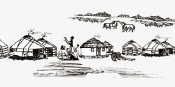 黑白简约插画手绘蒙古牧民生活场景高清图片