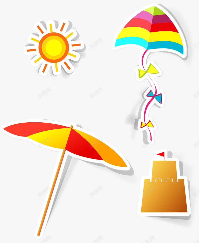 手绘卡通沙滩度假可爱图标png_新图网 https://ixintu.com 平面风筝 手绘的沙滩元素 沙滩的图标 矢量遮阳伞