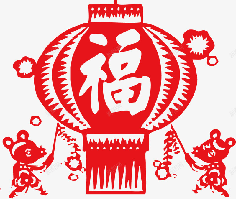 红色福字灯笼剪纸png免抠素材_新图网 https://ixintu.com 新年 新春 春节快乐 灯笼 福字 红色剪纸 鞭炮