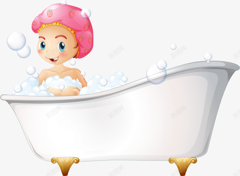 泡泡浴公主png免抠素材_新图网 https://ixintu.com 小女孩 泡沫 浴缸 粉色的浴帽
