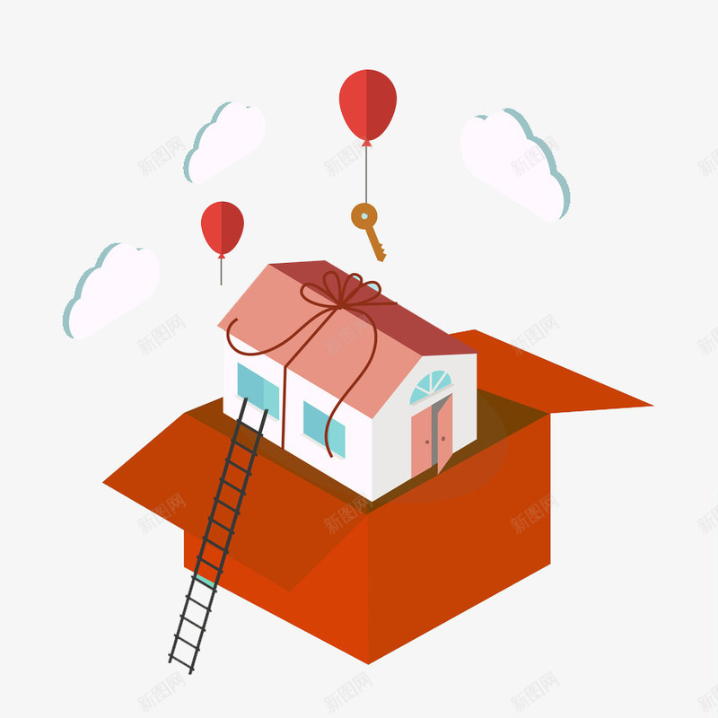 红色的小房子png免抠素材_新图网 https://ixintu.com 小房子 楼梯 气球 氢气球 盒子 礼物 礼物盒 红色