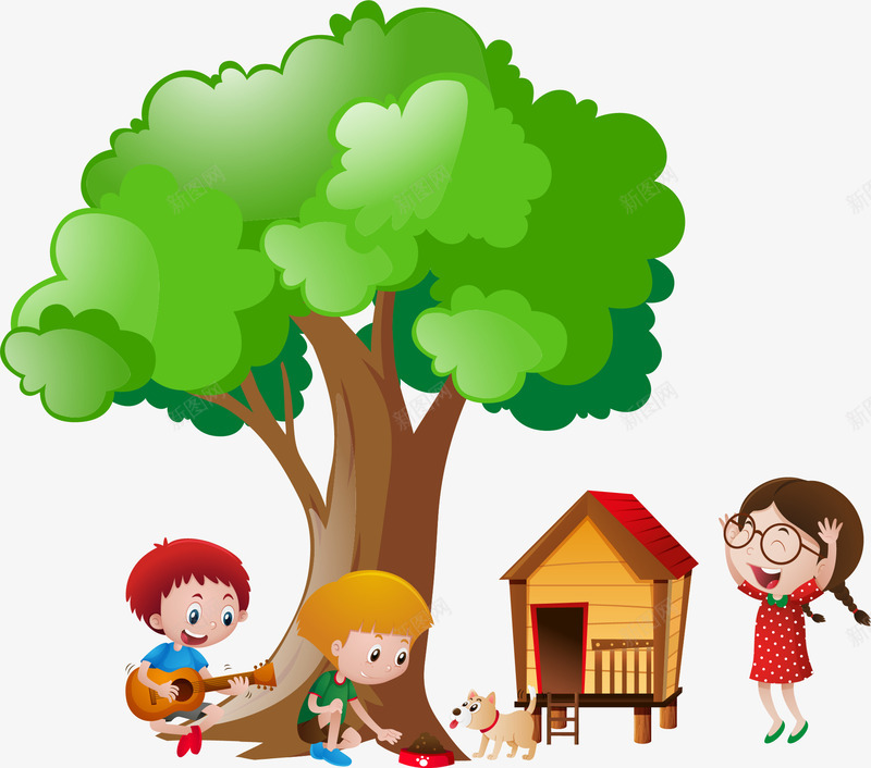 手绘在树下玩的小朋友png免抠素材_新图网 https://ixintu.com 卡通 小女孩 手绘 木头房子 狗窝