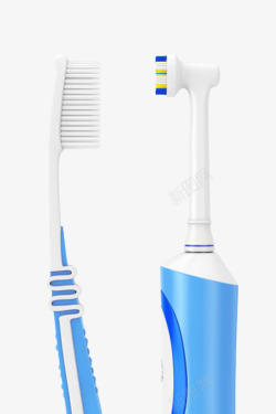 软毛蓝白色电动牙刷和手动牙刷实物高清图片