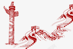 北京天坛插画手绘创意红色北京长城高清图片