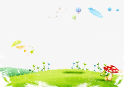 热气球金色草地卡通蘑菇草地高清图片