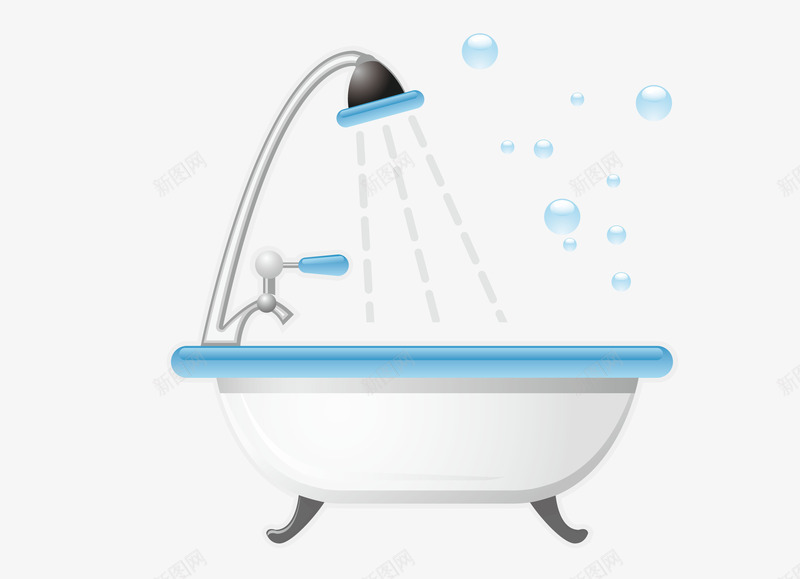 蓝边白色浴缸png免抠素材_新图网 https://ixintu.com 喷头 沐浴喷头 泡沫 泡泡浴 洗澡 矢量浴缸 矢量素材 蓝色泡泡