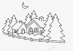 素描单线条松树房子高清图片