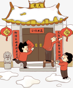 中国传统灯笼矢量插画贴春联的插画场景高清图片