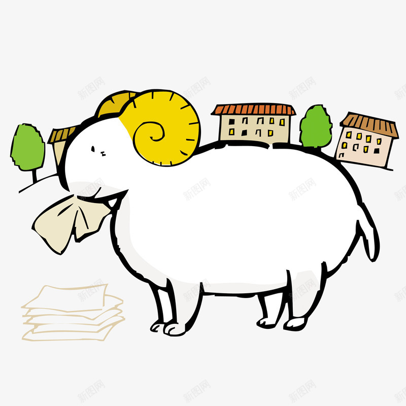 小羊和楼房png免抠素材_新图网 https://ixintu.com 卡通 可爱 小羊 手绘 楼房 白色的 羊角 黄色的