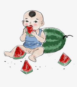 水墨男孩手绘水墨装饰插画夏至吃西瓜的小高清图片
