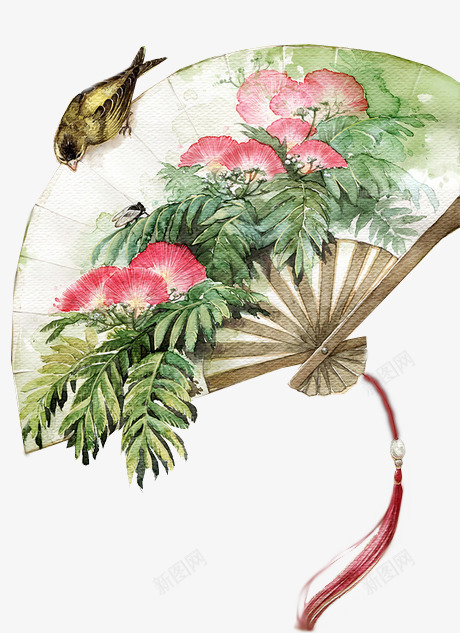 花朵树叶扇子png免抠素材_新图网 https://ixintu.com 扇子 树叶 素材 花朵