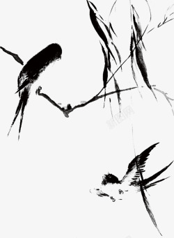 中国风水墨画竹叶小鸟素材