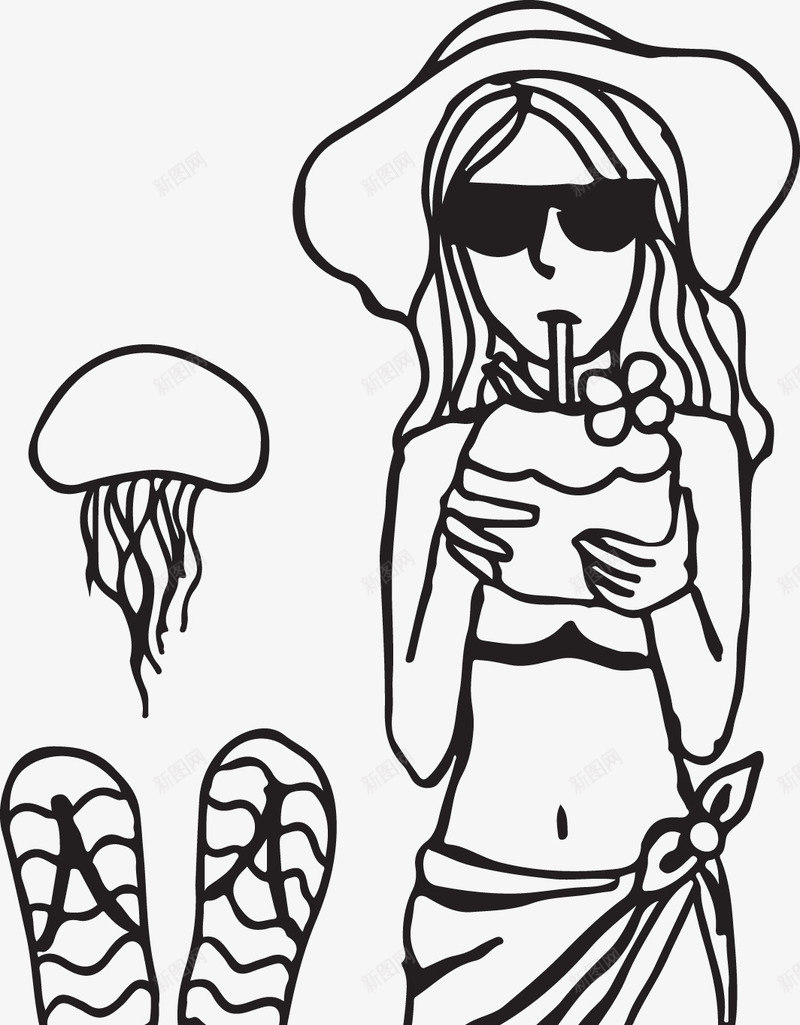 沙滩女人png免抠素材_新图网 https://ixintu.com 人字拖 卡通 吸管 女人 帽子 手绘 椰子 沙滩上的女人 简图