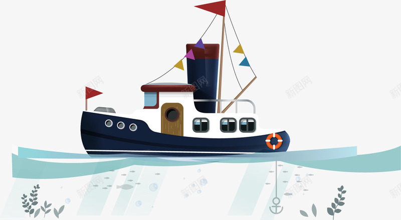 轮船海洋png免抠素材_新图网 https://ixintu.com 旗子 水草 海洋 素材 船锚 轮船
