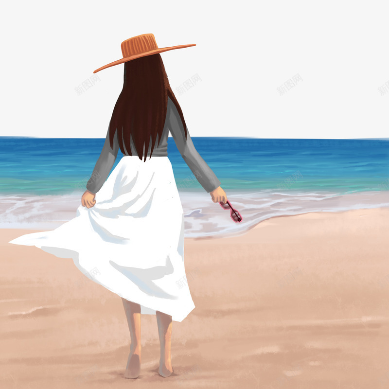 手绘沙滩散步的女孩png免抠素材_新图网 https://ixintu.com 休闲度假 女孩 手绘插画 沙滩 海边 背影 装饰图案