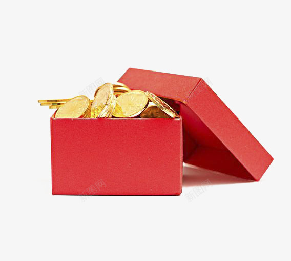 红盒子中的金币png免抠素材_新图网 https://ixintu.com 产品实物 巧克力 红盒子 金币