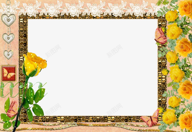 玫瑰花合影框png免抠素材_新图网 https://ixintu.com 合影框 唯美相框 心形图案 白色小花 鲜花边框 黄色玫瑰 黄色鲜花