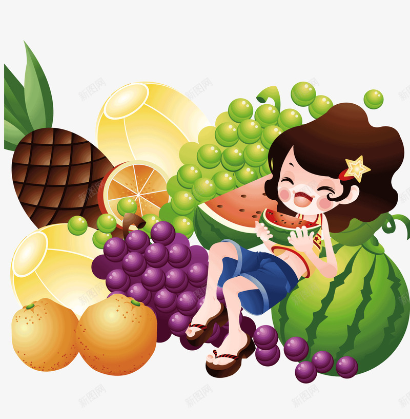 水果堆里的女生png免抠素材_新图网 https://ixintu.com 吃的 水果 矢量素材 西瓜 食品