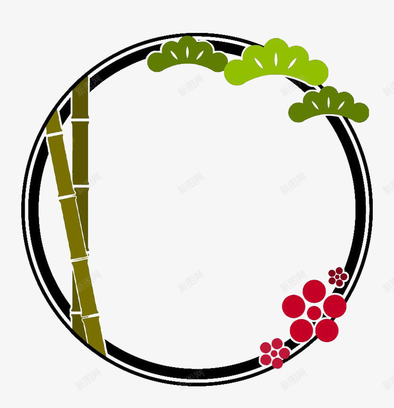 圆形框架png免抠素材_新图网 https://ixintu.com 树叶 相框 红色的花 绿色 装饰框 黑色