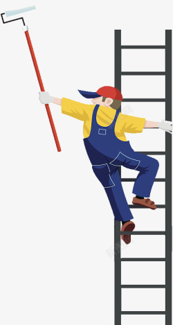 打工人卡通插图爬着梯子刷墙的装修工人高清图片