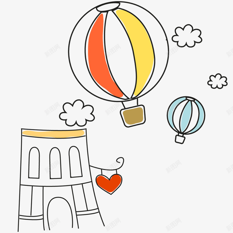房屋上的热气球png免抠素材_新图网 https://ixintu.com PNG图形 PNG装饰 手绘 楼房 热气球 白云 装饰