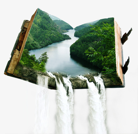 书本创意合成流向大地的瀑布png免抠素材_新图网 https://ixintu.com 自然风景 大自然 森林 氢气球 河流 流向大地的瀑布 漂浮在天空中的书本 白云 飞鸟