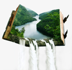 瀑布风景书本创意合成流向大地的瀑布高清图片