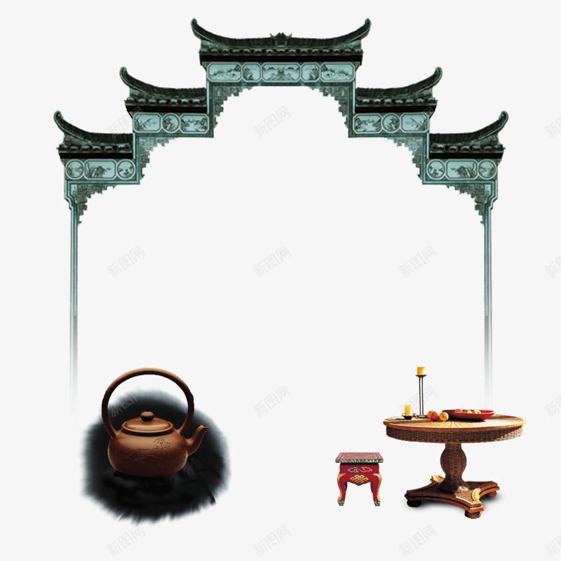 古典png免抠素材_新图网 https://ixintu.com 中国风 古典房屋 古典桌椅 古典茶壶