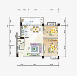 两房两厅手绘风格两房两厅彩平图平面户型高清图片