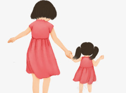 走路的小女孩手绘水彩卡通插图母亲节母子装妈高清图片