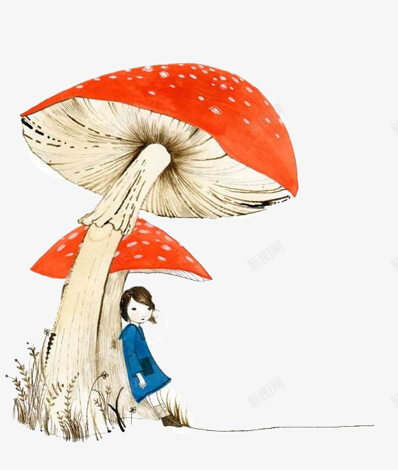 蘑菇下的小女孩psd免抠素材_新图网 https://ixintu.com 大蘑菇 手绘插画 治愈系
