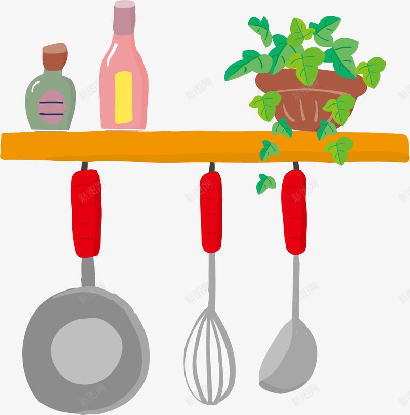 卡通手绘厨具png免抠素材_新图网 https://ixintu.com 一个汤勺 一套厨具 一盆盆栽 厨房用品 灰绿瓶子 红色瓶子