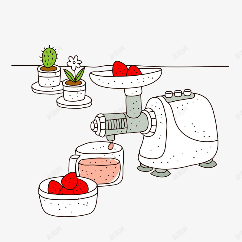 手绘家用厨房榨汁机png免抠素材_新图网 https://ixintu.com 卡通食物 手绘平面 榨汁机 水果草莓 美味食物 饮品餐点