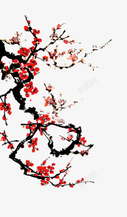 梅花花枝中国国画红色中国风国画手绘梅花高清图片