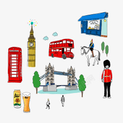 红色巴士手绘伦敦桥高清图片