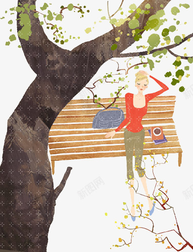 手绘女生在树下乘凉png免抠素材_新图网 https://ixintu.com 书本 包包 卡通 大树 手绘女孩免扣 椅子 绘画 美女