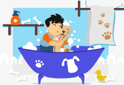 手绘卡通宠物洗澡素材