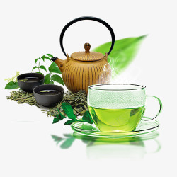 古典绿茶和茶壶茶杯素材