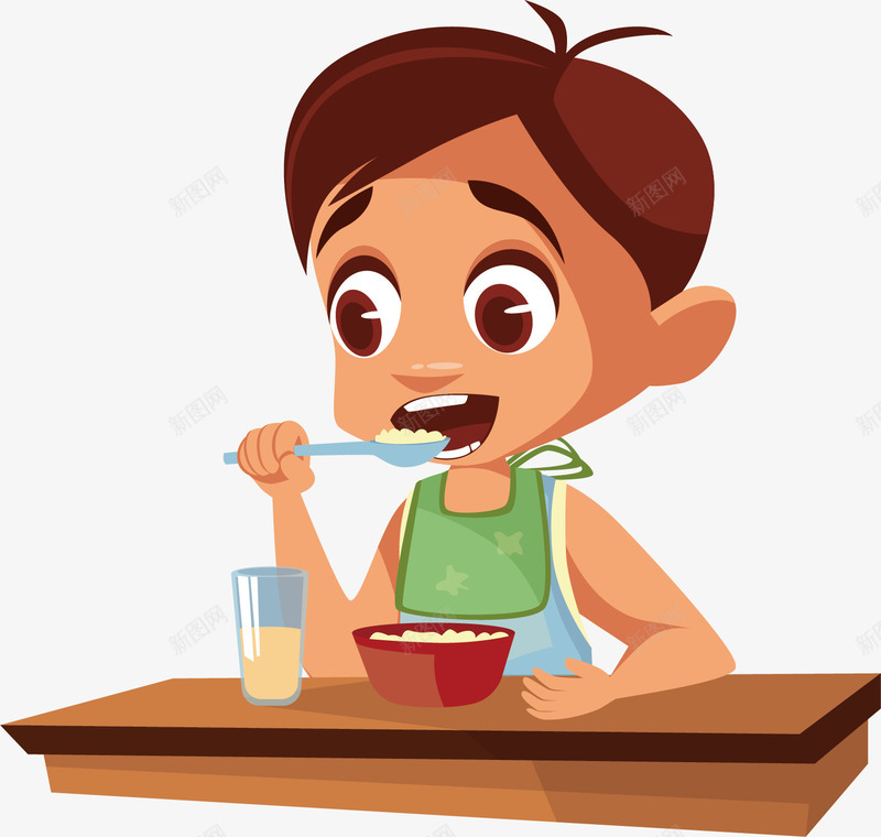 在吃饭的男孩矢量图ai免抠素材_新图网 https://ixintu.com 勺子 可爱 吃饭 吃饭表情 围嘴 坐在餐桌前 牛奶 男孩 矢量图 米饭